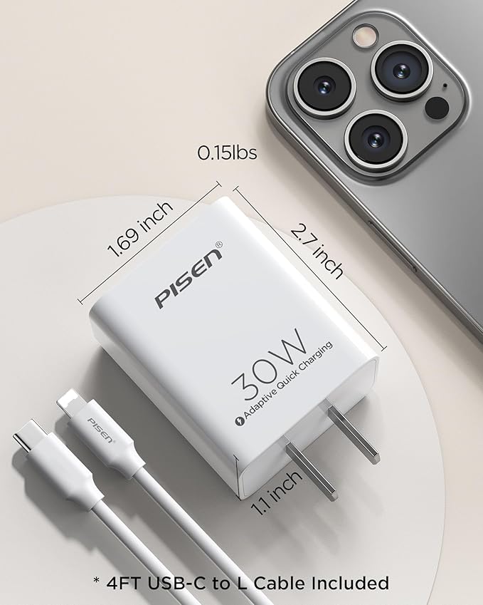 PISEN 30W USB C Charger - USB C Fast Charger Block, PD3.0 Wall Charger with 4FT Type C to L Cable, 30W Power Adapter for iPhone 16/15/14/13/12/11/XR/XS/X Series, iPad