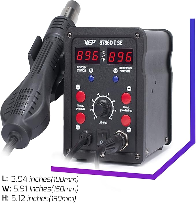 WEP 8786D-I SE Hot Air Soldering Iron Station Kit 2-IN-1 for Rework, Desoldering with Lead-Free Solder Wire, 5 Soldering Tips, 3 Hot Air Nozzles,Tweezers, Desoldering Pump