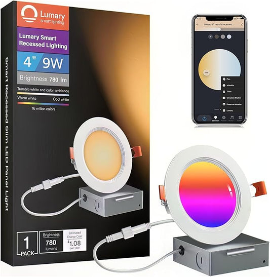Lumary Smart Recessed Lighting 4 Inch, Canless WiFi Led Recessed Lights 9W, RGBWW Ceiling Downlight with Junction Box Ultra-Thin and Anti-Glare Trim Work with Alexa/Google Assistant/BT Remote 1PACK