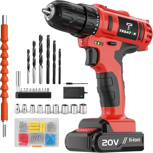 Cordless Drill Set, 3/8 Drill Handheld Screwdriver Kit with 18+1 Torque Setting, 20V Electric Drills Tools Bit, LED Electric Power Drills with Battery and Charger, Red