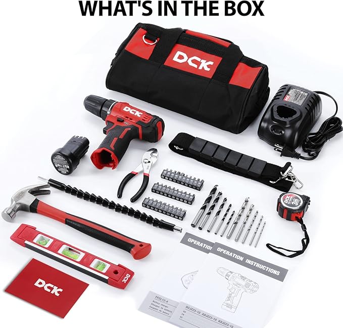 DCK Brushless Drill Set, 310 in.lbs,12V Max Cordless Drill with 2.0Ah Battery, 3/8’’ Keyless Chuck, 2 Variable Speeds, 20+1 Torque Power Tool Kit for Screw Wood/Ceramic/Tile/Metal KDJZ23-10