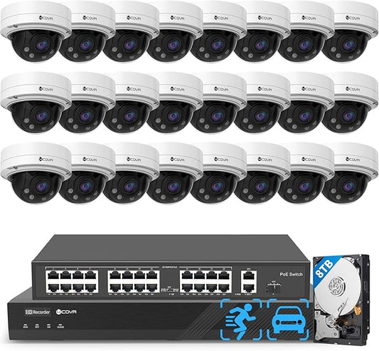 4COVR PoE AutoFocus 32 Channel Security Camera System AI Person Vehicle Detection, 24x 8MP 5X Optical Motorized Zoom IK10 Vandal-Proof Dome IP Camera IP67 with Mic, 4K UHD NVR 8TB HDD, LY57BA8M3224