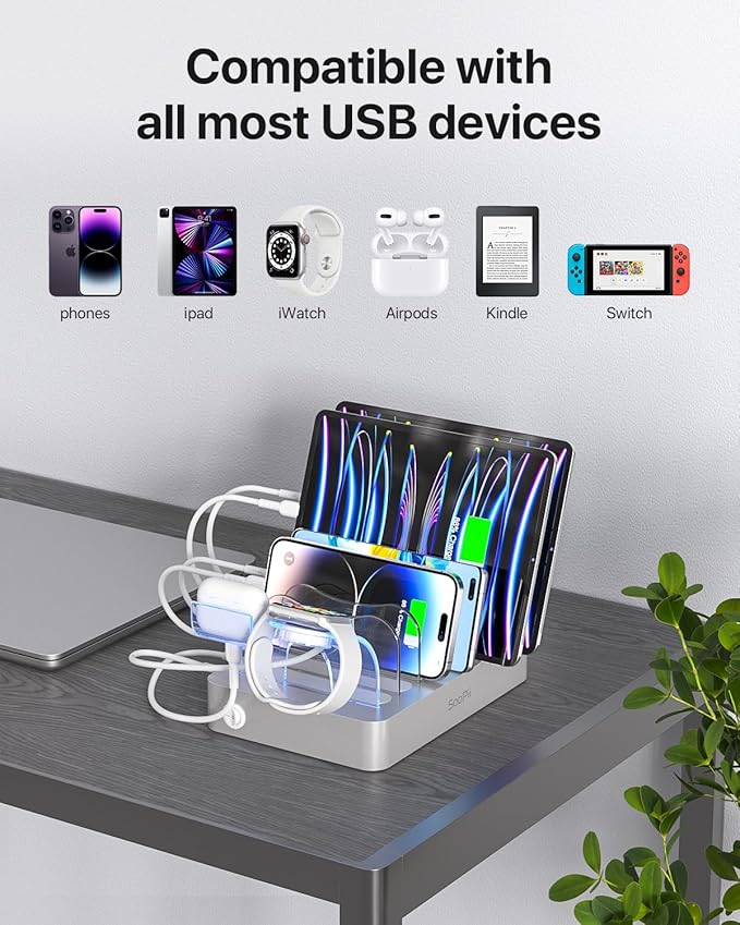 SooPii Premium 6-Port USB Charging Station Organizer for Multiple Devices, 6 Short Charging Cables and One Upgraded i-Watch Charger Holder Included, for Phones,Tablets and Other Electronics, Silver