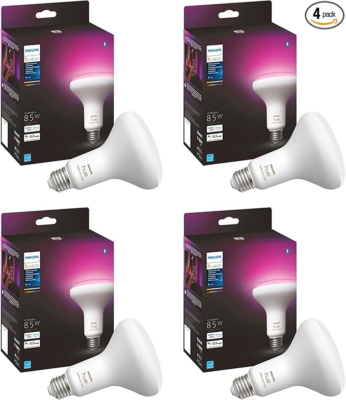 Philips Hue Smart 85W BR30 LED Bulb - White and Color Ambiance Color-Changing Light - 4 Pack - 1200LM - E26 - Indoor - Control with Hue App - Works with Alexa, Google Assistant and Apple Homekit.