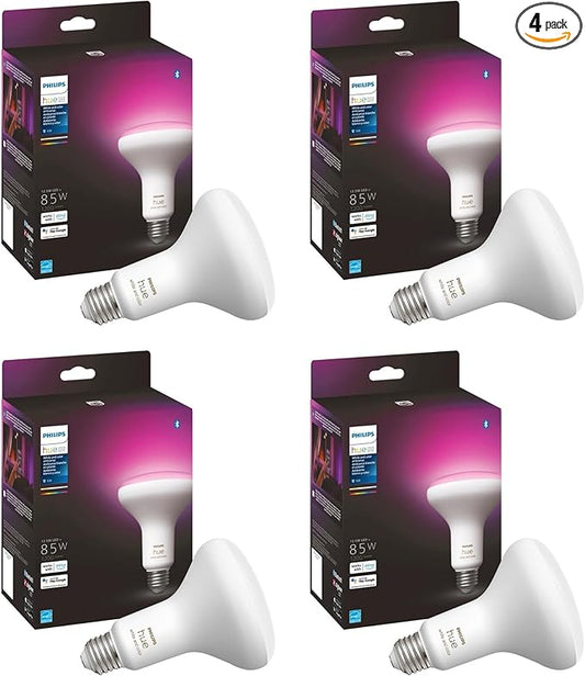 Philips Hue Smart 85W BR30 LED Bulb - White and Color Ambiance Color-Changing Light - 4 Pack - 1200LM - E26 - Indoor - Control with Hue App - Works with Alexa, Google Assistant and Apple Homekit.