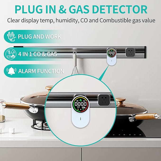 Natural Gas Leak Detector & Carbon Monoxide Detectors - 4-in-1 Plug in Carbon Monoxide Detectors Natural, Propane, Co & Gas Detector, Temperature & Humidity Detectors