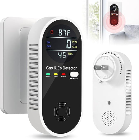 4-in-1 Portable Carbon Monoxide Detectors Plug in – Natural Gas Leak Detector, Methane & CO Alarm with Dual Sensor, Temperature & Humidity Display for Home, RV, Travel, 1 Pack