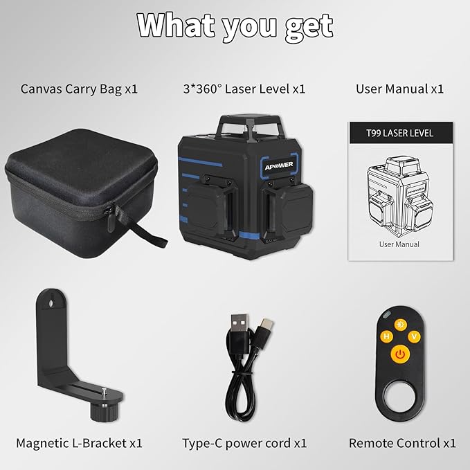 Laser Level 360 Self Leveling, 3 x 360° Cross Line Lazer Leveler Tool for Construction and Picture Hanging, Rechargeable Nivel Laser Outdoor, L-Magnetic Bracket Included