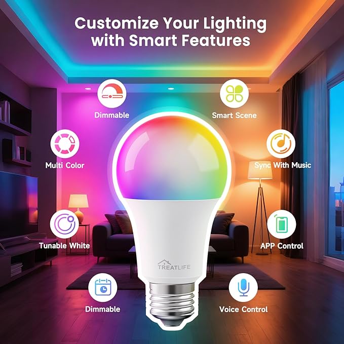 TREATLIFE Smart Light Bulbs, UL Certified WiFi Bluetooth Color Changing Light Bulb, A19 LED Smart Bulb Works with Alexa & Google Home, 60W Equivalent 800 Lumen, for Smart Home Lighting