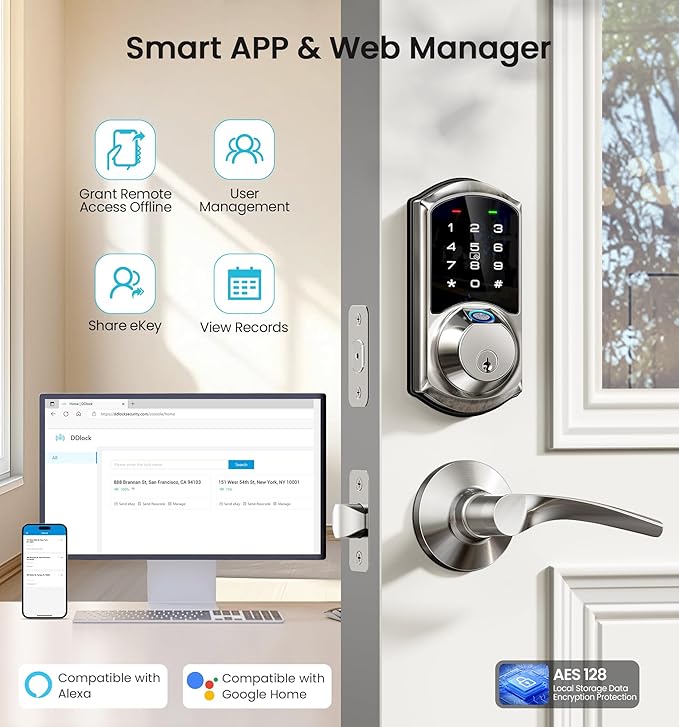 Veise VE07 Fingerprint Smart Door Lock, 7-in-1 Keyless Entry Deadbolt with App Control, Electronic Digital Touchscreen Keypad, Biometric Smart Locks for Front Door, Auto Lock, Satin Nickel