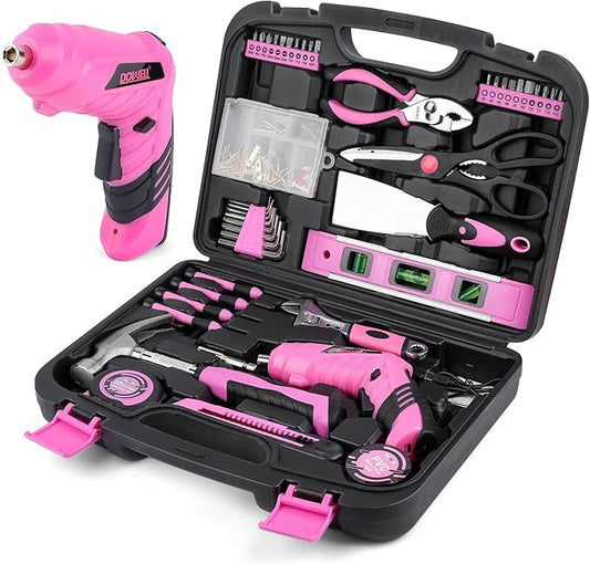 143 Pcs Pink Homeowner Tool Set with 3.6V Cordless Screwdriver General Household Hand Tool Kit with Plastic Tool box Storage Case for Women,Men