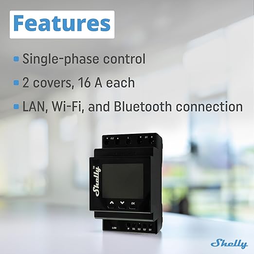 Shelly Pro Dual Cover/Shutter PM | LAN and Wi-Fi Connection, Professional DIN Rail Smart Dual Cover/Shutter Controller with 2 Covers 16 A Each | Home Automation | Precise Power Metering