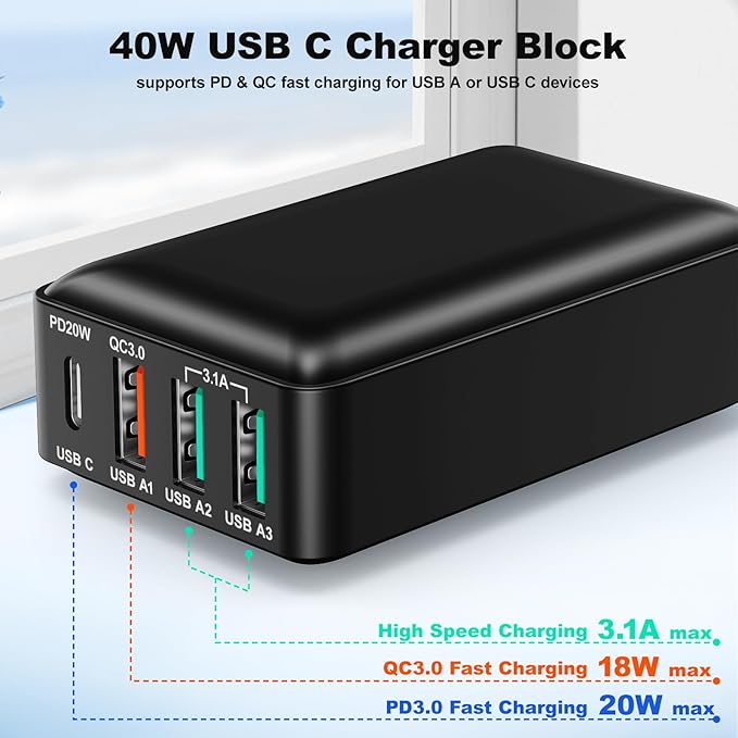 USB C Wall Charger 40W, Excgood 4Port USB Charging Block Flat Foladable Wall Plug PD+QC Power Adapter Multiports for iPhone 16 15 Pro Max 14 13 XR iPad Galaxy S24 S23 Watch Air-Pods -3Pack