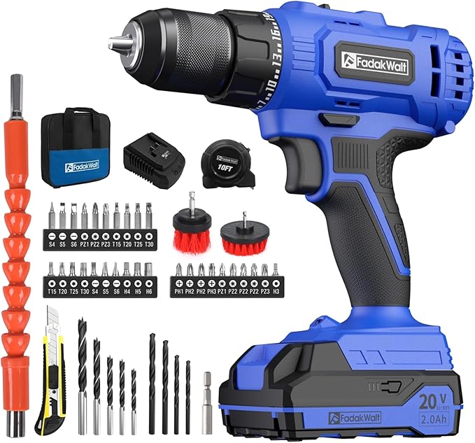 20V Cordless Drill/Driver Set,Electric Power Drill Kit with Battery& Charger, 1/2inch Keyless Chuck,2 Variable Speed,25+1 Torque Setting, 400 inch-lbs with LED Power Drill Kit