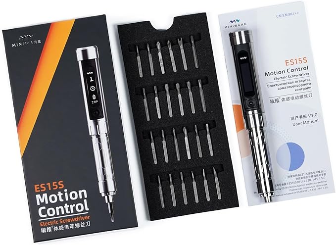 YKEY Original MINIWARE ES15S Mini Electric Power Screwdriver Rechargeable Portable Small Cordless Smart Motion Control with 24 Magnetic Bits OLED Screen Repair Tool for Phone Camera Laptop