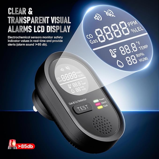 Portable Carbon Monoxide Detector 8-in-1, Carbon Monoxide Detectors Plug-in with HD Screen Natural Gas/Temp/Humidity, CO Monitor Alarm Sound Warning for Travel, Home, RV, Apartment Safety
