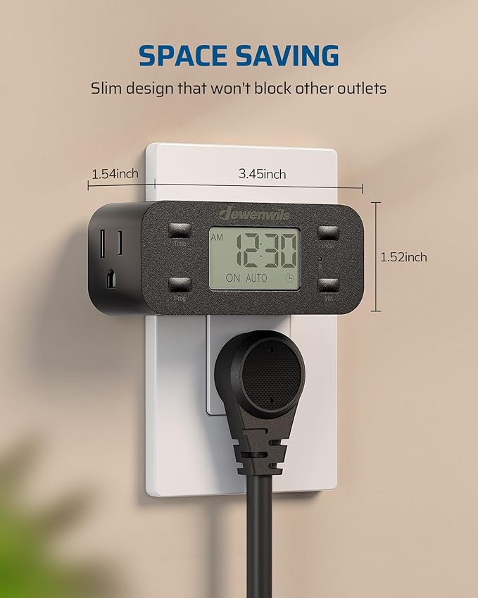 DEWENWILS 24 Hour Programmable Digital Timer Outlet with 1 Grounded Outlet, Timers for Electrical Outlets, Light Timer for Indoor Lamp Fan Aquarium, 125V/15A/1000W, 3 Prong, 1/2 HP, Black