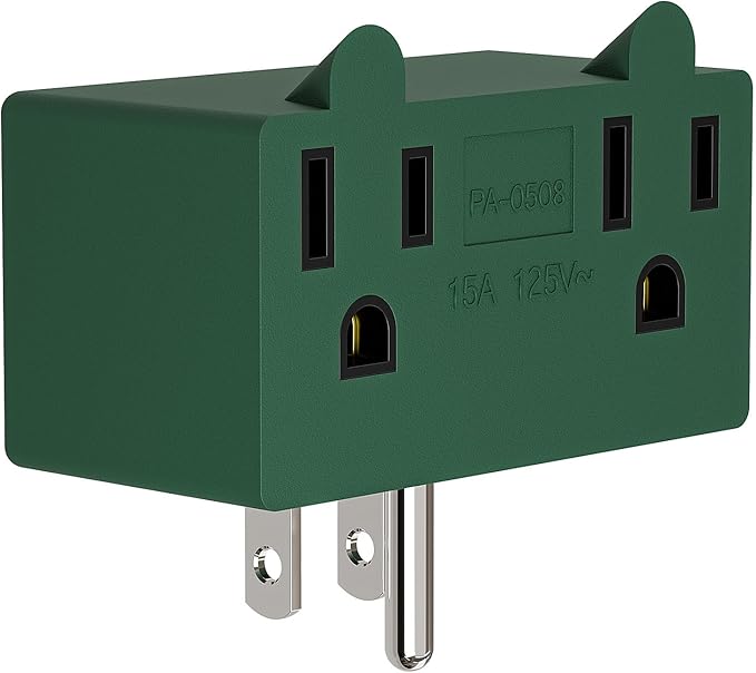 NEMA 5-15P to Dual 5-15R Adapter, Plugrand 90 Degree Downward Angled NEMA 5-15P Male to Female Adapter, Angled USA Power Adapter, 3 Prong Direction Changer Space Save Plug Green PA-0508G