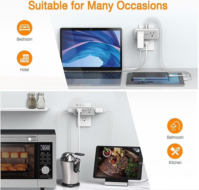 Surge Protector Outlet Extender, TESSAN Multi Plug Outlet Splitter with 4 Electrical Outlets 3 USB Ports, Multiple Plug Mini Wall Expander for Home Bathroom Office Dorm Room Essentials