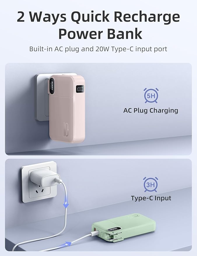 RORRY Portable Charger Built in Cables, AC Wall Plug in Portable Charger Power Bank 10000mAh Travel Battery Pack 22.5W Fast Charging for iPhone 16/15/14 Samsung Galaxy S24/S23/S22 Pixel LG iPad, Pink