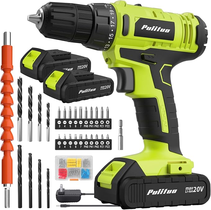 PULITUO'S 20V Cordless Drill/Driver, Electric Screwdriver - 2 Batteries, 30Nm, 21+1 Torque, 2 Speed, Keyless 3/8" Chase Drill with LED Light, Kit for Home (Green)
