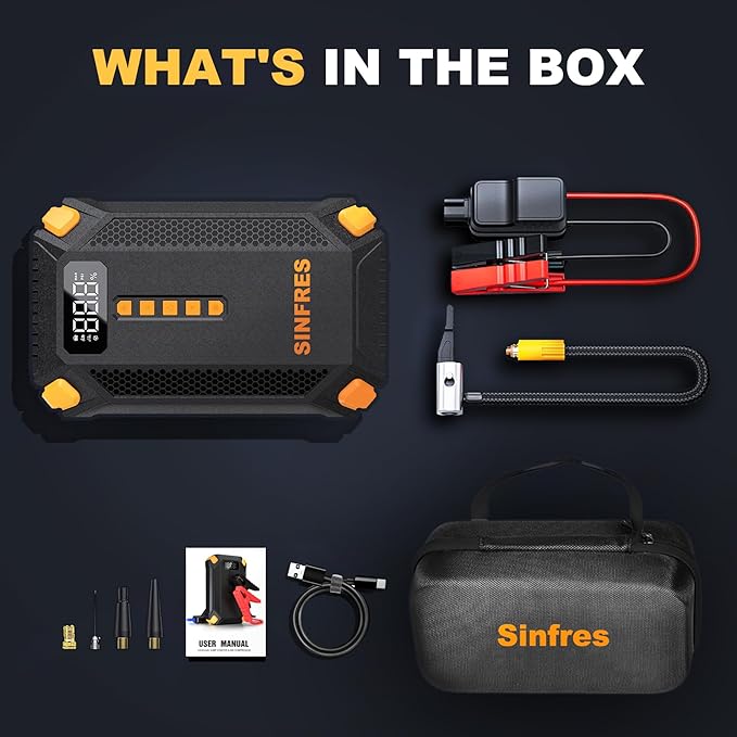 Jump Starter with Air Compressor,Battery Jumper Starter Portable, 150PSI Tire Inflator, 12V Jump Box, LED Flashlight, LCD Display for 9L Gas & 8L Diesel Engines, Car, SUV, Truck