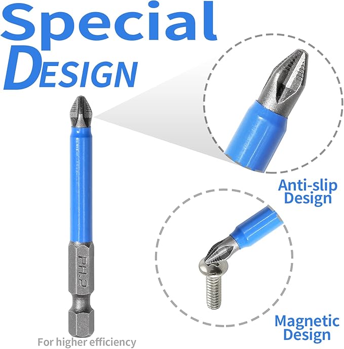 10 Pcs Magnetic Phillips Screwdriver Bit Set 2.56 inch Long, PH2 Phillips Bits Set, Non-Slip Cross Head Electric Screwdriver Bits Set 1/4" Hex Shank (PH2, 65mm)