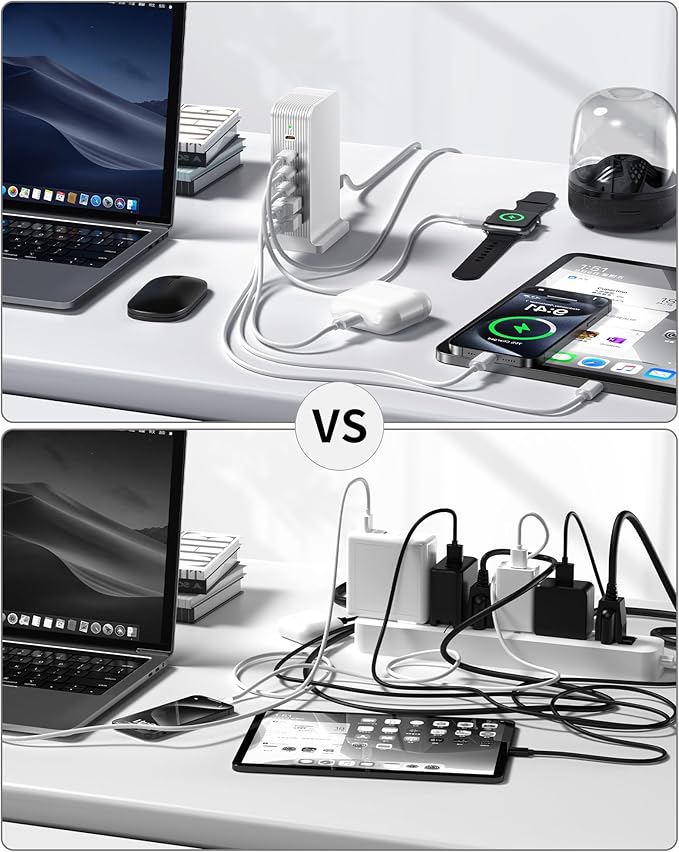 USB C Charger -USB Charging Station, Multiport USB Charging Station, 6 Port USB Hub Charger Tower for iPhone 15/14/13/12, iPad, Samsung Galaxy, Google Pixel,HTC, and Multiple Devices (White)