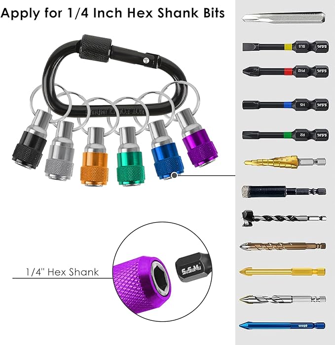 6 Pack Bit Holder Keychain, 1/4 inch Hex Shank Bit Holders, Hex Screwdriver Bits Holder Extension Bar, Quick Release Bit Holder For Nut Driver - Screwdriver & Drill Bits w/Key Chain Carabiner