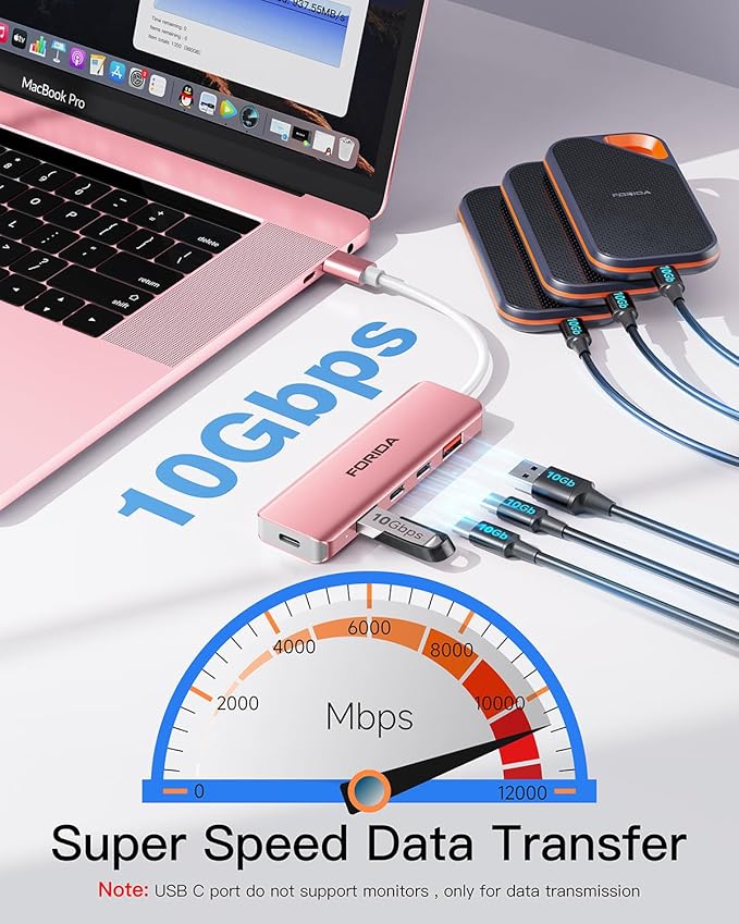 USB C Hub, 10Gbps USB 3.1 Adapter for MacBook, with 100W PD Charging, 2 USB C 3.1 10Gbps and 2 USB A 3.1 Data Ports, Compatible with Surface, XPS, Samsung, Dell and More (Rose Gold)