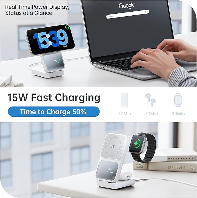 GUSGU 3 in 1 Wireless Charging Station with Real-Time Power and Time Display, Foldable Charging Stand, Compatible with iPhone 17/Air/16/15/14/13/, Apple Watch Series 11/SE3/ Ultra 3, AirPods Pro 3