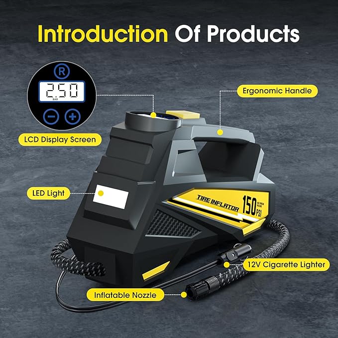 FLYKID Tire Inflator Portable Air Compressor - DC 12V Air Pump for Car Tires with 150PSI LCD Digital Gauge & Emergency LED Light,Auto Tire Pump for Cars,Motorcycles,Bikes,Balls (Large)