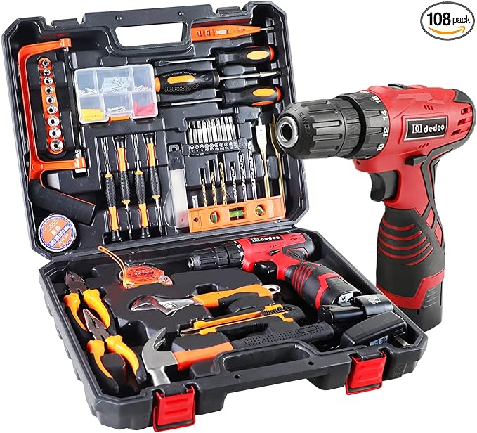 Tool Set with Drill, 108Pcs Cordless Drill Household Power Tools Set with 16.8V Lithium Driver Claw Hammer Wrenches Pliers DIY Accessories Tool Kit