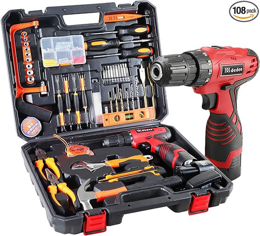 Tool Set with Drill, 108Pcs Cordless Drill Household Power Tools Set with 16.8V Lithium Driver Claw Hammer Wrenches Pliers DIY Accessories Tool Kit