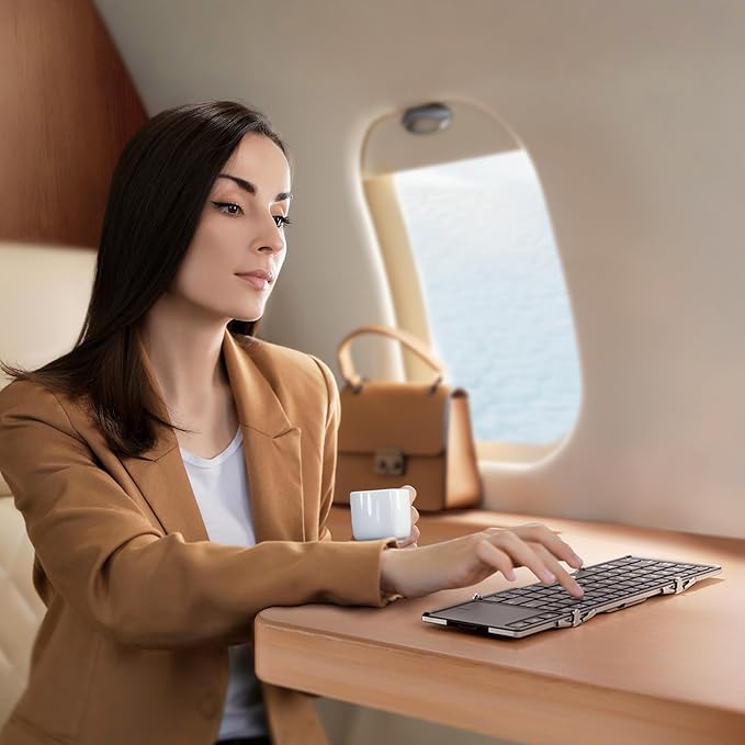 iClever Foldable Keyboard, BK08 Foldable Bluetooth Keyboard with Touchpad, Aluminum Build, USB-C Charge, Equipped with Stand Holder and Carrying Bag, Portable for Laptop, iPad, iPhone, Silver