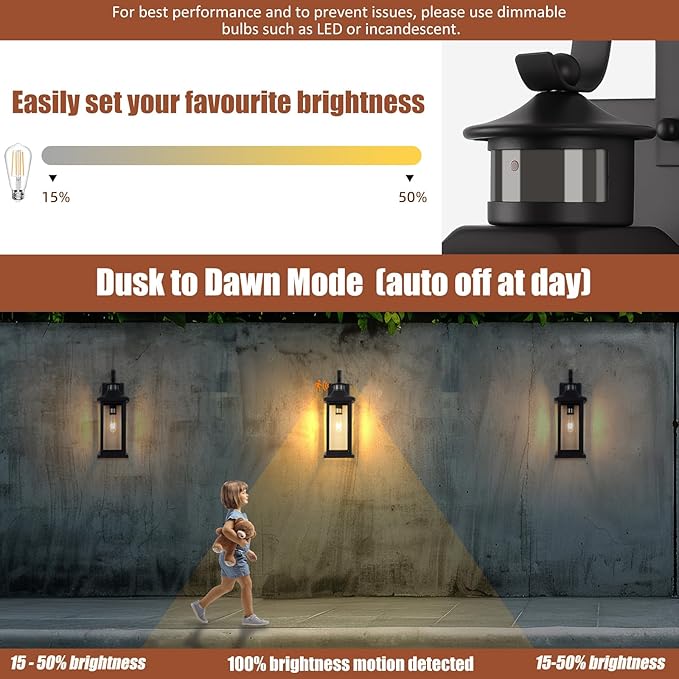 18 Inch Motion Sensor Outdoor Lights 2-Pack, Large Black Dusk to Dawn Outdoor Porch Lights for House IP65 Waterproof Exterior Lighting Fixtures for Front Door Garage Lantern Sconces