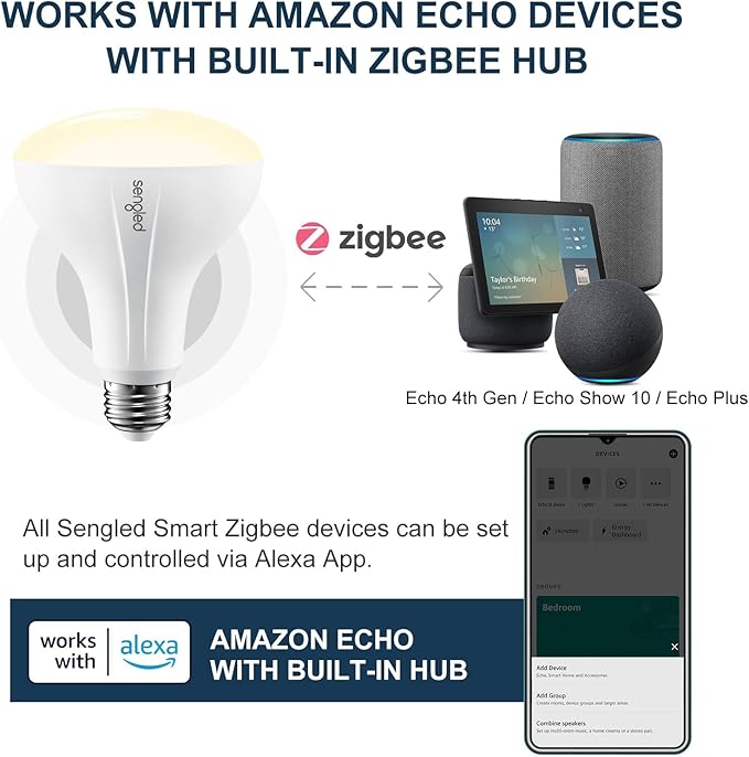 Sengled Zigbee Smart Bulb, Works with SmartThings and Echo with Built-in Hub, Voice Control with Alexa and Google Home, Hub Required, BR30 Dimmable Flood Light Bulb, Soft White 2700K, 6 Pack