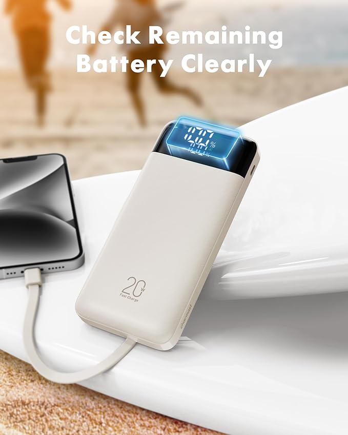charmast 20000mAh Portable Charger with Built in Cables, 22.5W Travel Power Bank Fast Charging, USB C Cell Phone Battery Pack for iPhone 16/15/14/13/12/11 Series, iPad, Samsung, Android, Tablet