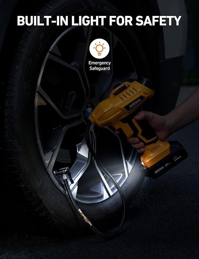 AstroAI Cordless Tire Inflator Air Compressor 20V Rechargeable Battery Powered 160PSI Portable Air Pump with 12V Car Power Adapter Digital Pressure Gauge for Cars Motorcycles JY16P160-18(C2)Yellow