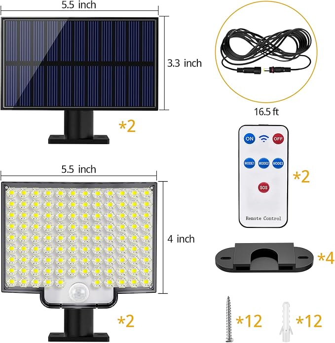 Solar Lights Outdoor, 106 LED 3000LM Solar Powered Motion Sensor Flood Lights with Remote, Dusk to Dawn Led Solar Security Wall Lights with 16.5Ft Cable IP65 Waterproof for Outside, Garage, 2 Pack