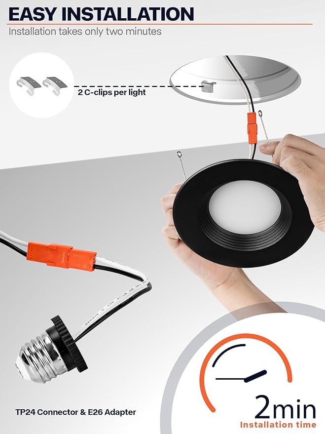 1 Pack 5/6 Inch Black LED Can Lights Retrofit Recessed Lighting, 5CCT 6 Inch Recessed Lights Selectable 2700K-6000K Dimmable, 12W=75W, 1200LM Downlight with Metal Smooth Trim-ETL and Energy Star