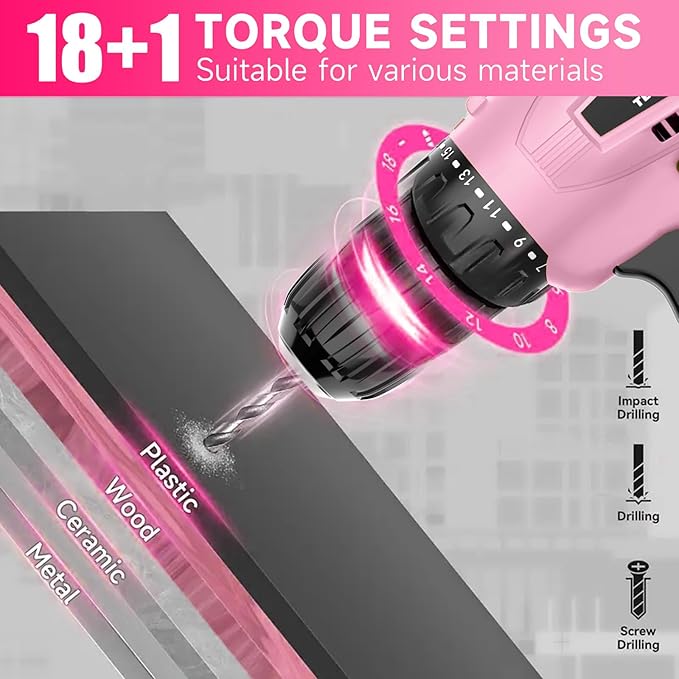 Cordless Drill Set,12V Power Drill Set with Battery and Charger, Electric Driver Drills Bits, 3/8'' Keyless Chuck,18+1 Torque Setting with LED Electric Drills Set, Pink