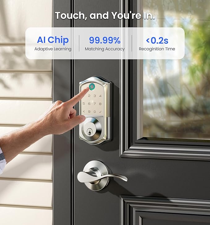 Veise VE017-L Fingerprint Smart Lock with 2 Lever Handles, Keyless Entry Front Door Lock Set, App Control, Electronic Digital Keypad Deadbolt, Easy Installation, Emergency Power Port, Satin Nickel