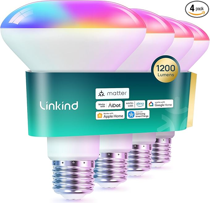 Linkind Matter Smart Light Bulb,1200LM 85W BR30 Smart Flood Light Bulbs Work with Alexa, Apple Home, Google Home, RGBTW Recessed Color Changing Bulbs E26, 2.4GHz Only WiFi Light Bulbs LED, 4Pack