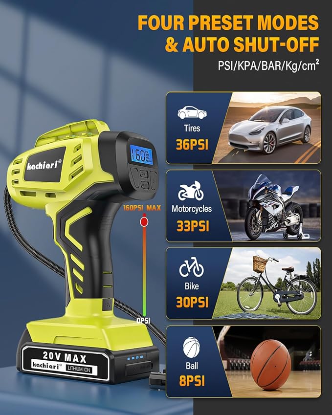 Tire Inflator Portable Air Compressor, 160PSI 20V Cordless Car Tire Pump, Rechargeable Battery Powered Air Compressor w/12V DC Adapter YELLOW-GREEN