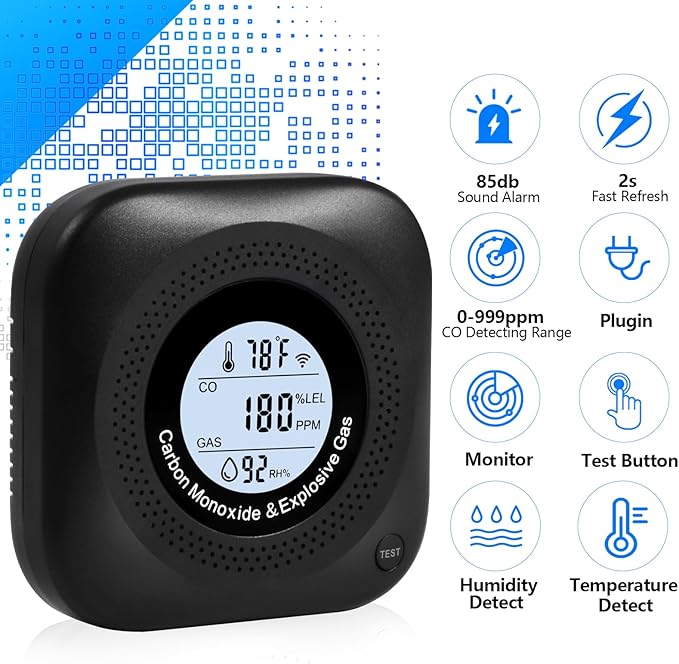 Carbon Monoxide Detectors, 4-in-1 Natural Gas Leak Detector, Portable Carbon Monoxide Detector, Plug in Wall CO Alarms with AC Socket and Temperature & Humidity Monitoring for RV, Home, Hotel (Black)