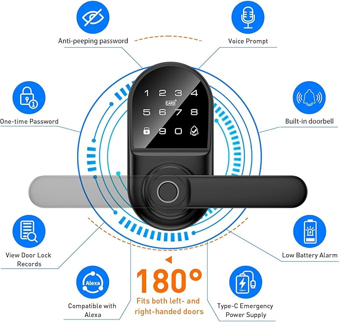Smart keypad Door Lock with Handle,Fingerprint Keyless Entry Digital Lock with Built-in doorbell for Front Door,Bedroom,biometric Door knob,with Gateway Remote APP Control