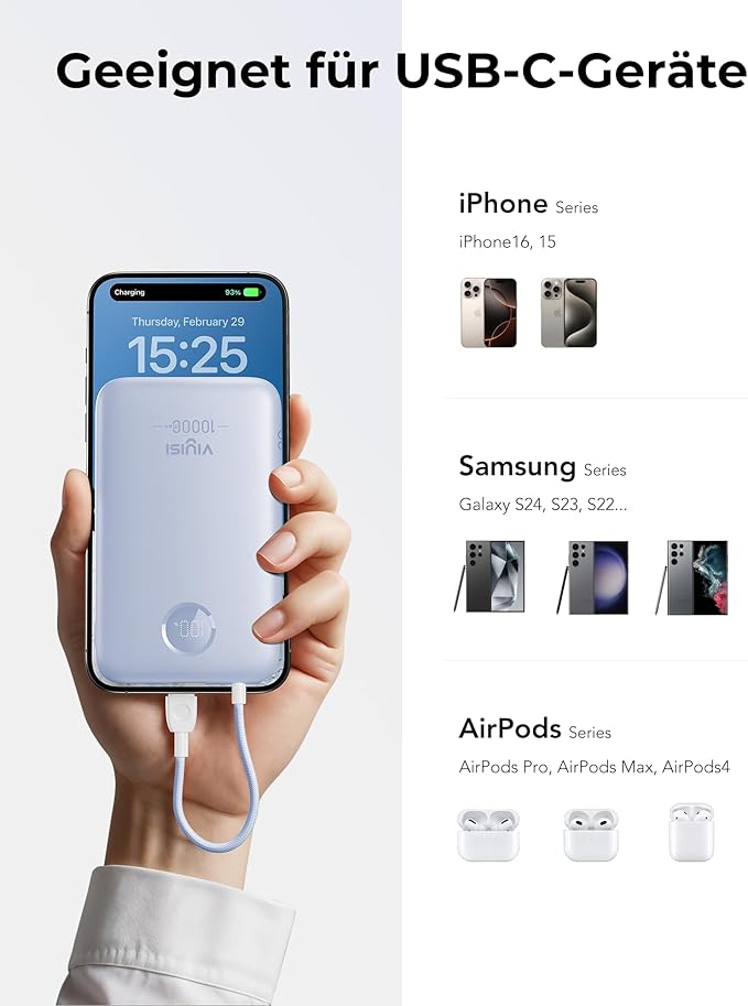 Slim Portable Charger 10000mAh, Travel Power Bank with Built-in USB-C Cable & LED Display, 22.5W Fast Charging Battery Pack Compatible with iPhone 16 15 Samsung S24 S23 -Blue