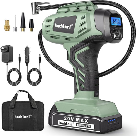 Tire Inflator Portable Air Compressor, 20V Cordless Car Tire Pump, Rechargeable Battery Powered Air Compressor w/12V DC Adapter Green