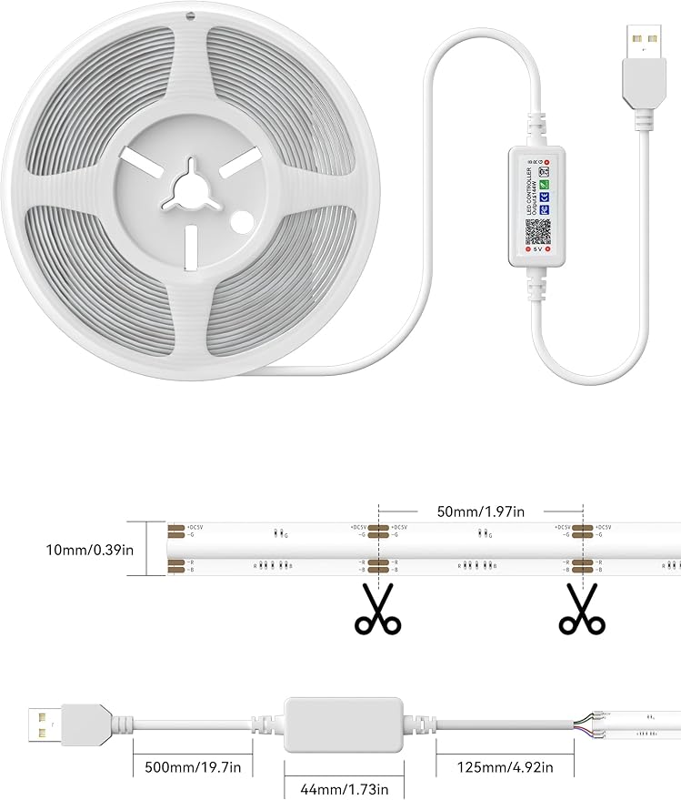 MIWISE 5V USB RGB COB LED Strip Light,9.84ft/3m Tape Lights,RF & App Control,Music Sync,Ultra Bright Color Changing Lighting,UL-Listed,Cuttable & Flexible for Bedroom,Kitchen,Desk,Party,Home Decor